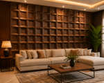 Dark Wooden — Coffered Square 3D PVC wall panel styled room scene 2 — G&K Sons