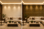 Golden Flame Waves 3D PVC wall panel — styled room scene — G&K Sons